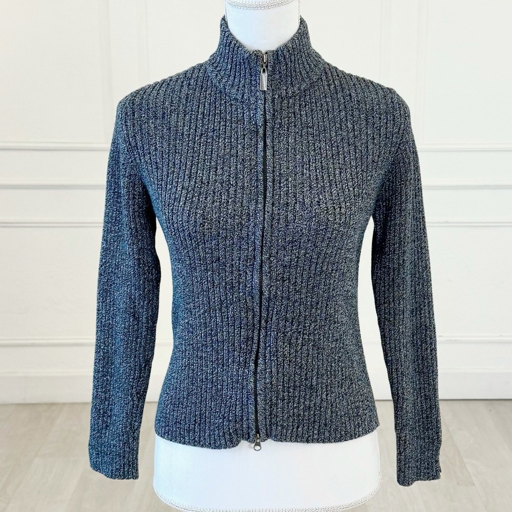 J. Jill Full Zip Sweater‎ Women XS Navy Marled Ribbed Cotton Mock Neck Cardigan